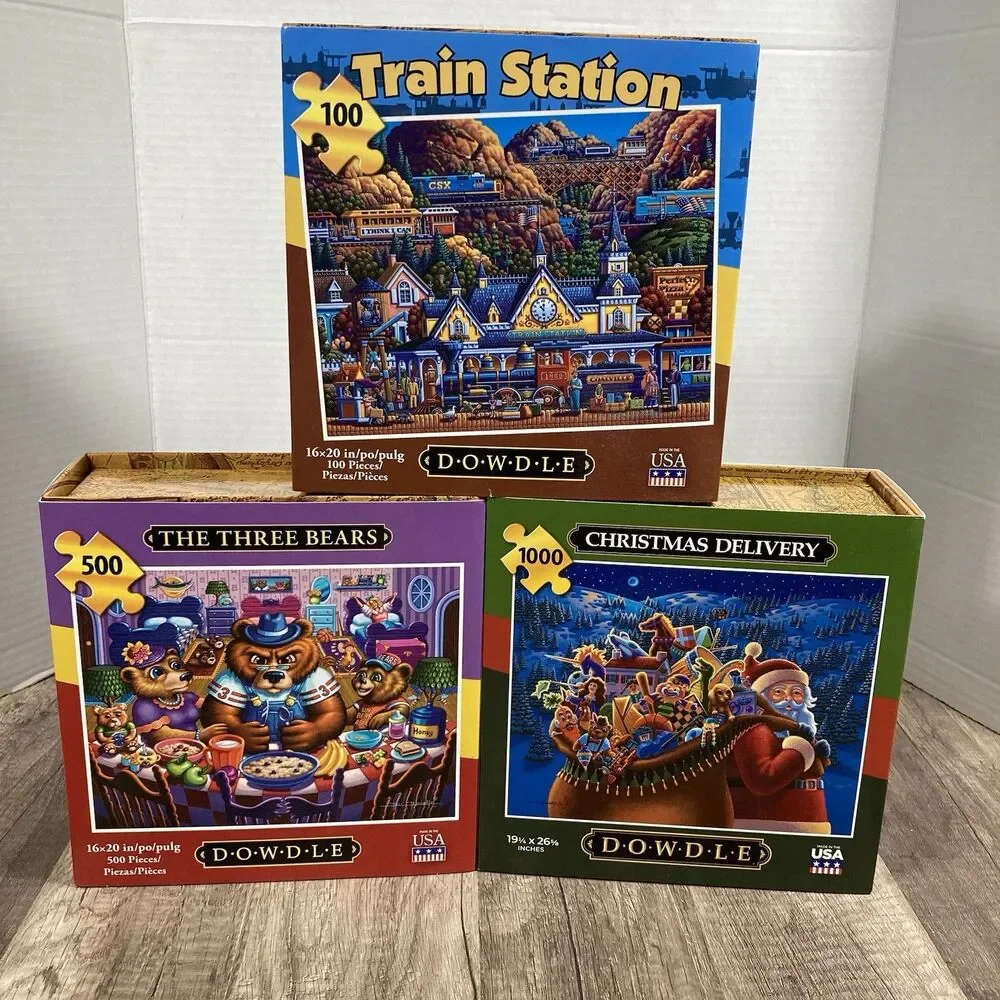 Lot of 3 Dowdle Puzzles Train Station Three Bears & Christmas Delivery 100-1000